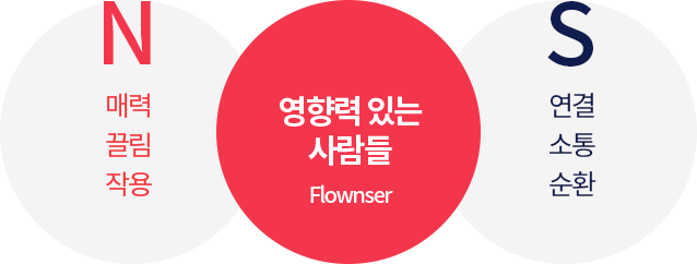 N(매력, 끌림, 작용) - 영향력 있는 사람들 Flownser - S(연결, 소통, 순환)